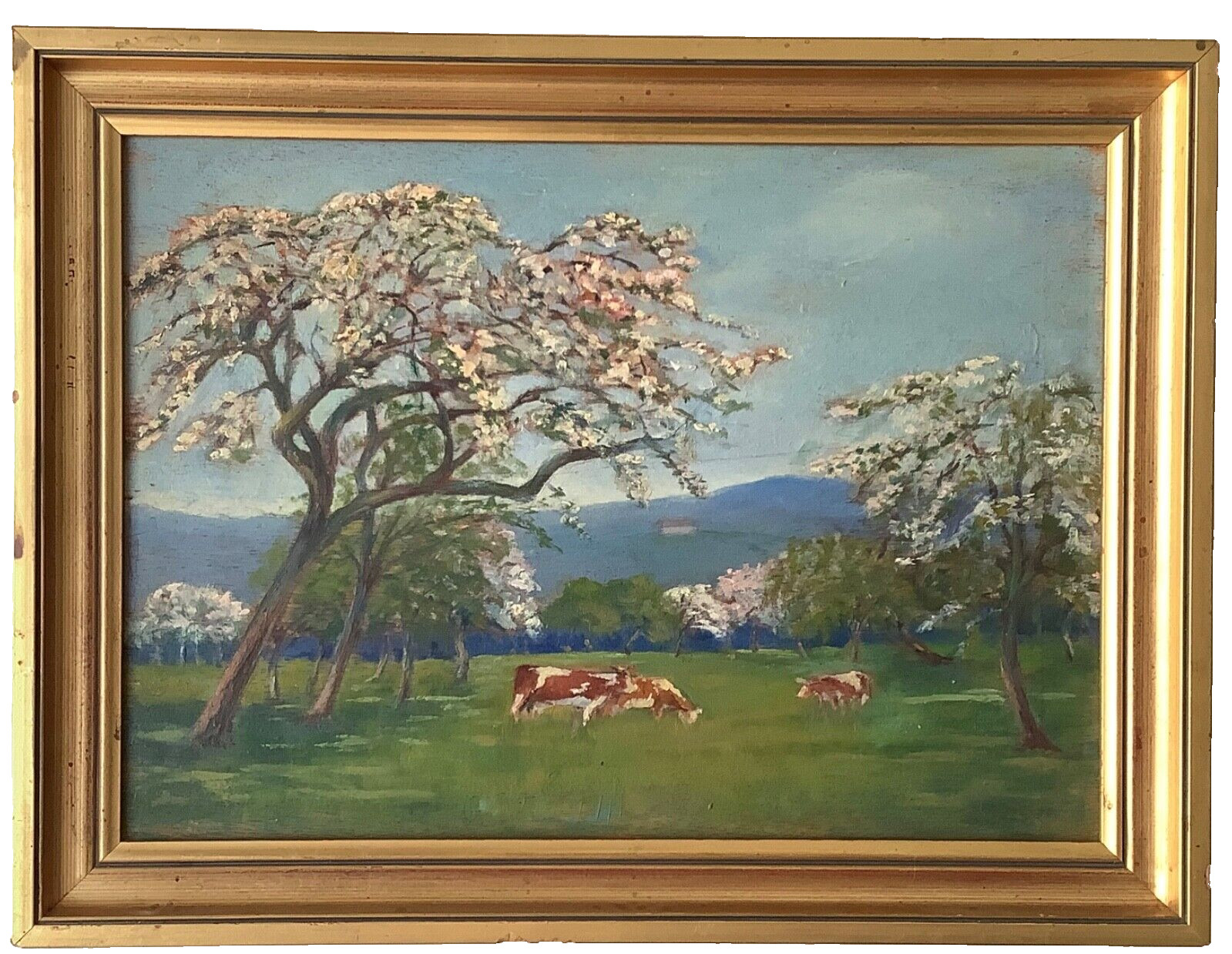1920s Impressionist Oil Painting – Manner Garrido – Cows in the Orchard in Bloom