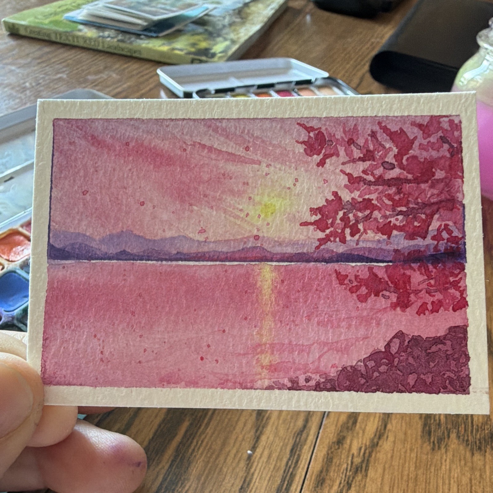 Donna Hawk ACEO Pink Lake Sunset Landscape Original Watercolor Signed Unframed