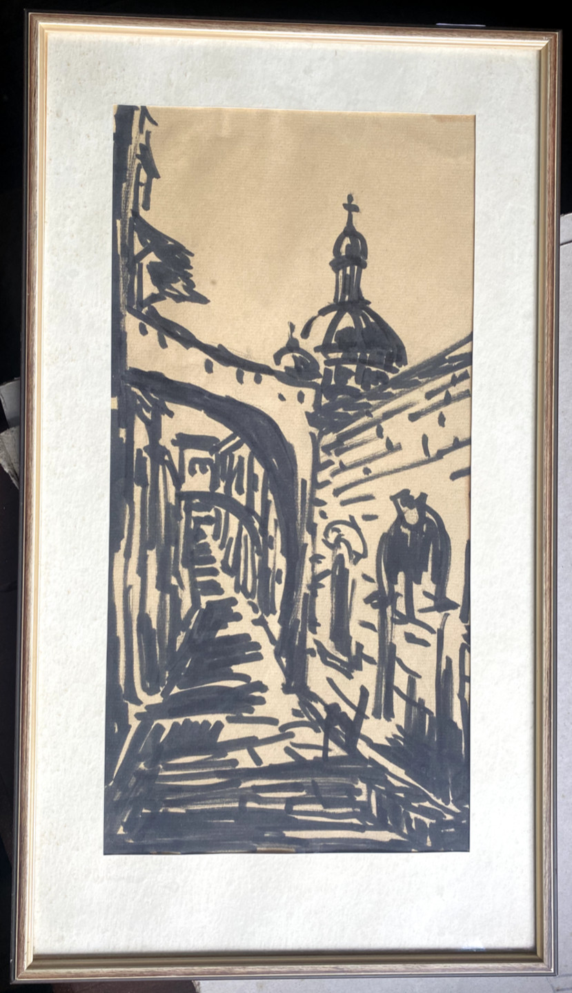Aquarell Via Dolorosa Grabeskirche Jerusalem Tusche Auf Papier Signiert RW.