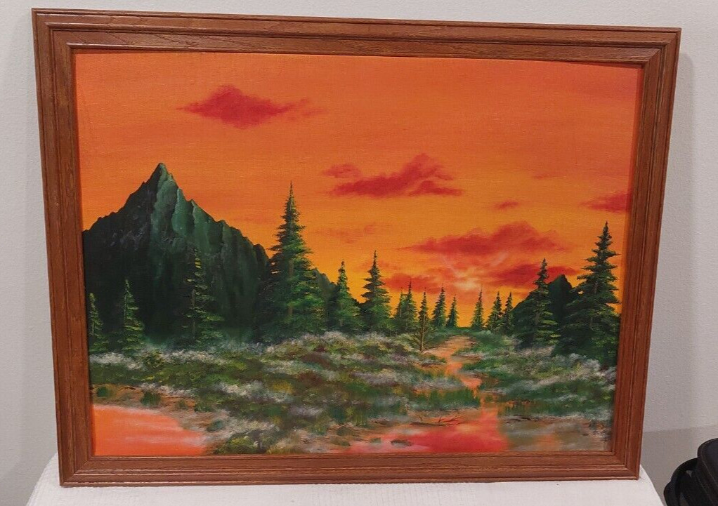 Bob Ross® Inspired Grey Mountain Orange Sky Framed Canvas 20×27
