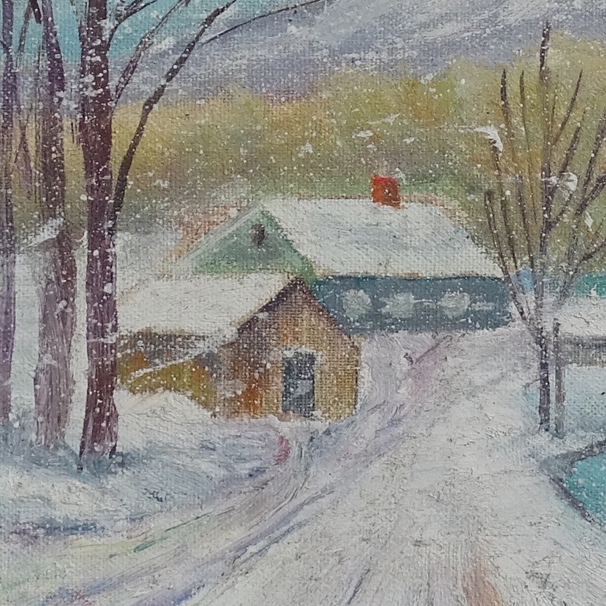 Vintage Naive Winter Landscape Oil Painting Snow Day with Ice Skaters 13.5×11.5