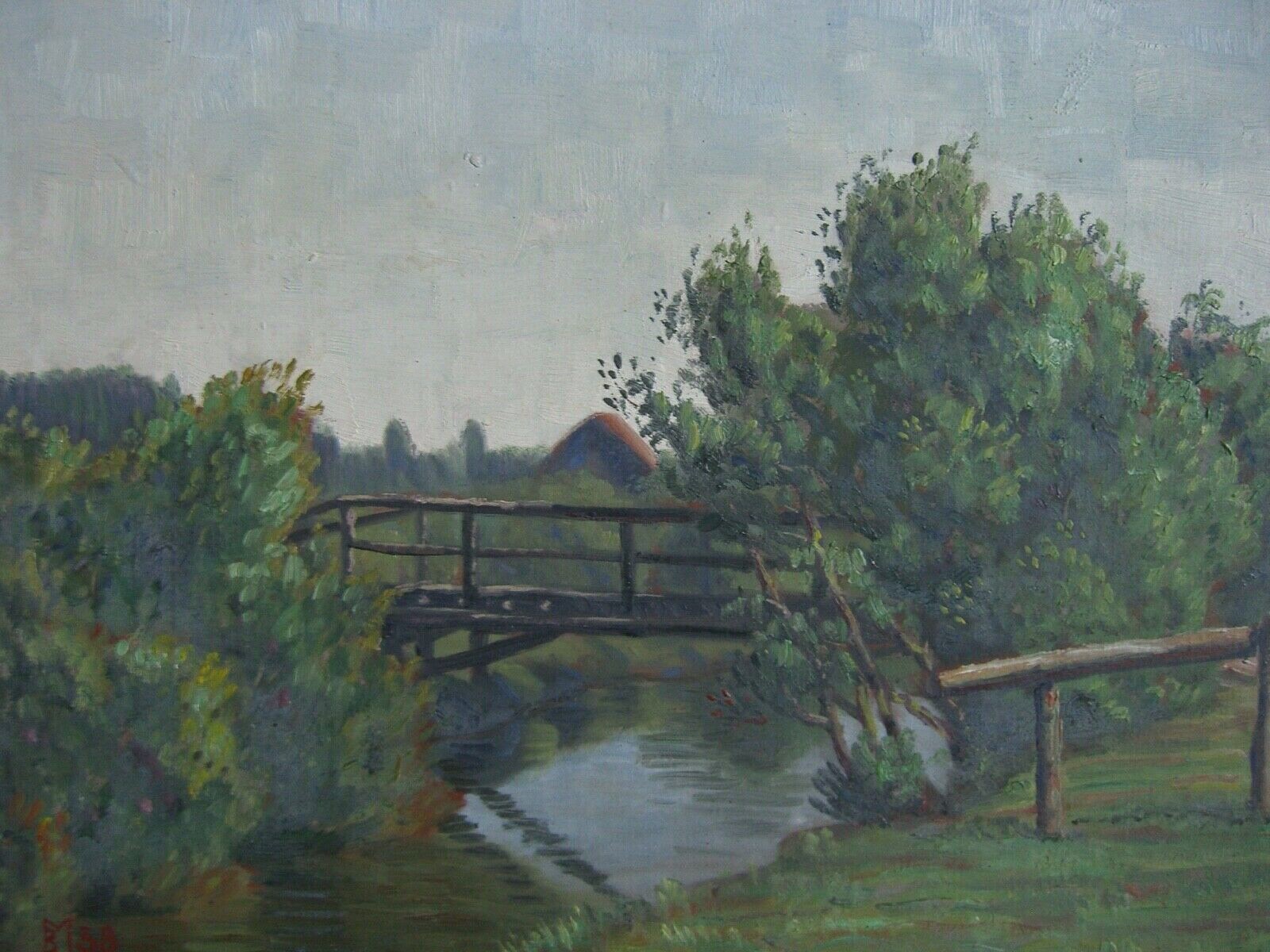 Summery River Landscape with Bridge and Pasture Fence Water Reflections Meadow