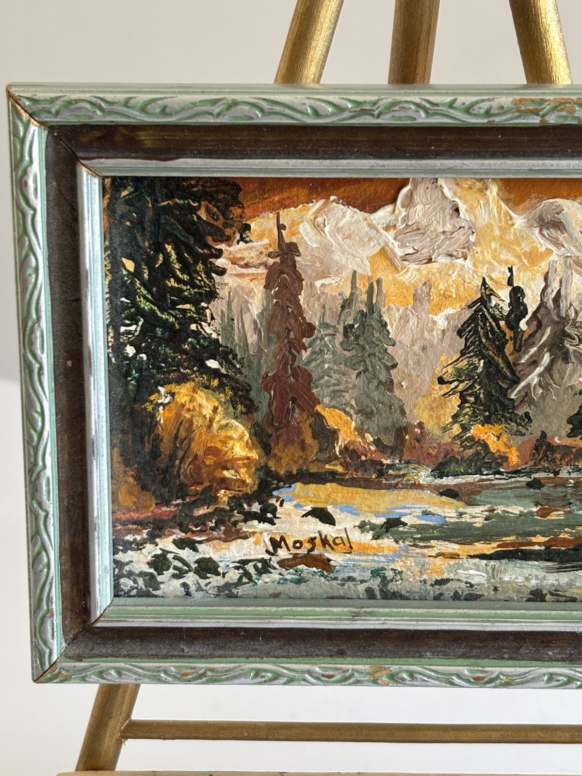 Vtg Mini Original Autumn Mountain Stream Landscape Painting Framed On Easel 3×4”