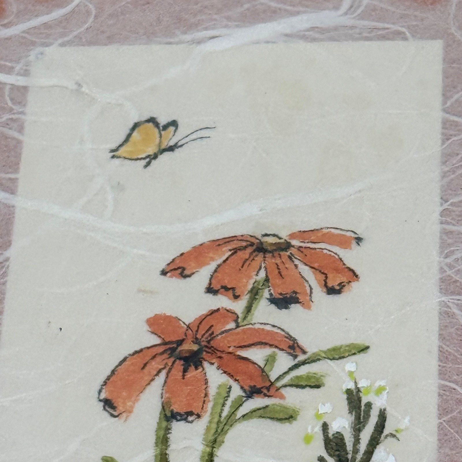 Signed Orange Yellow Floral Ink Watercolor Fibrous Paper Rose Gold Frame 5×12″