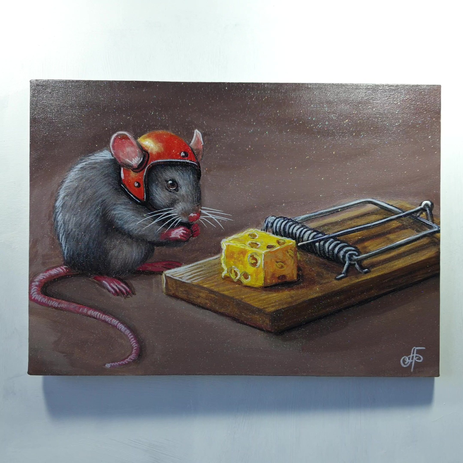 Brave Little Mouse and the Cheese Trap Funny Animal Painting Ukraine Artist