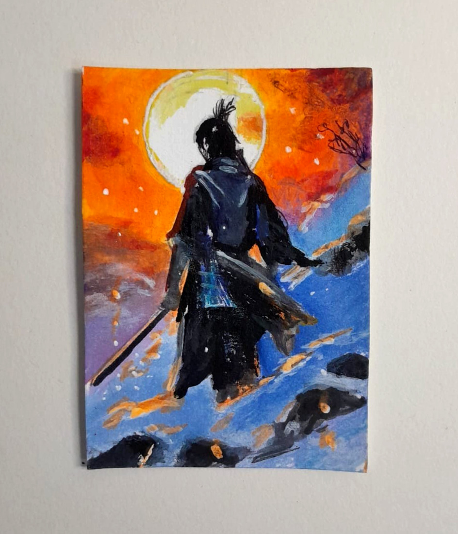 Original ACEO Painting OOAK Winter Samurai Snow Sun Orange Sky Acrylic Art