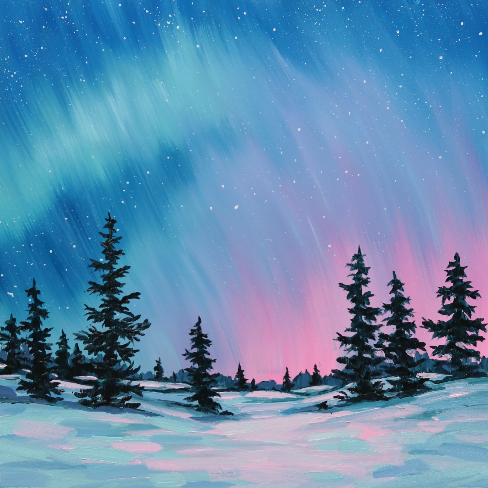 Aurora Borealis Oil Painting Original Winter Landscape Forest Art Northern Light
