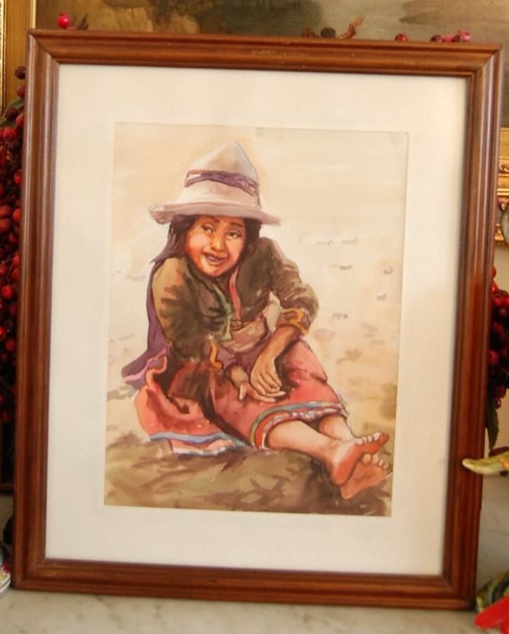 VINTAGE FRAMED MATTED ORIGINAL WATERCOLOR PAINTING OF PERUVIAN NATIVE GIRL CHILD