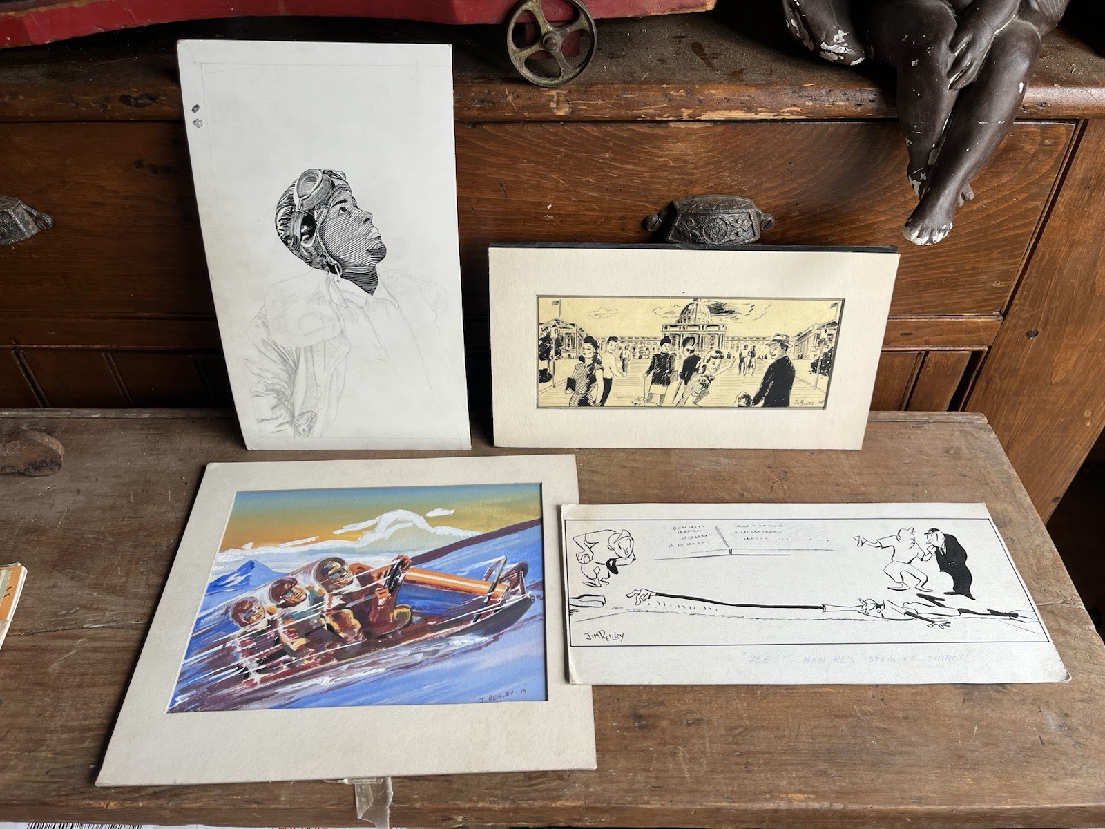 Lot Of Vintage Original Sports Illustration Art Baseball Bobsled Pilot