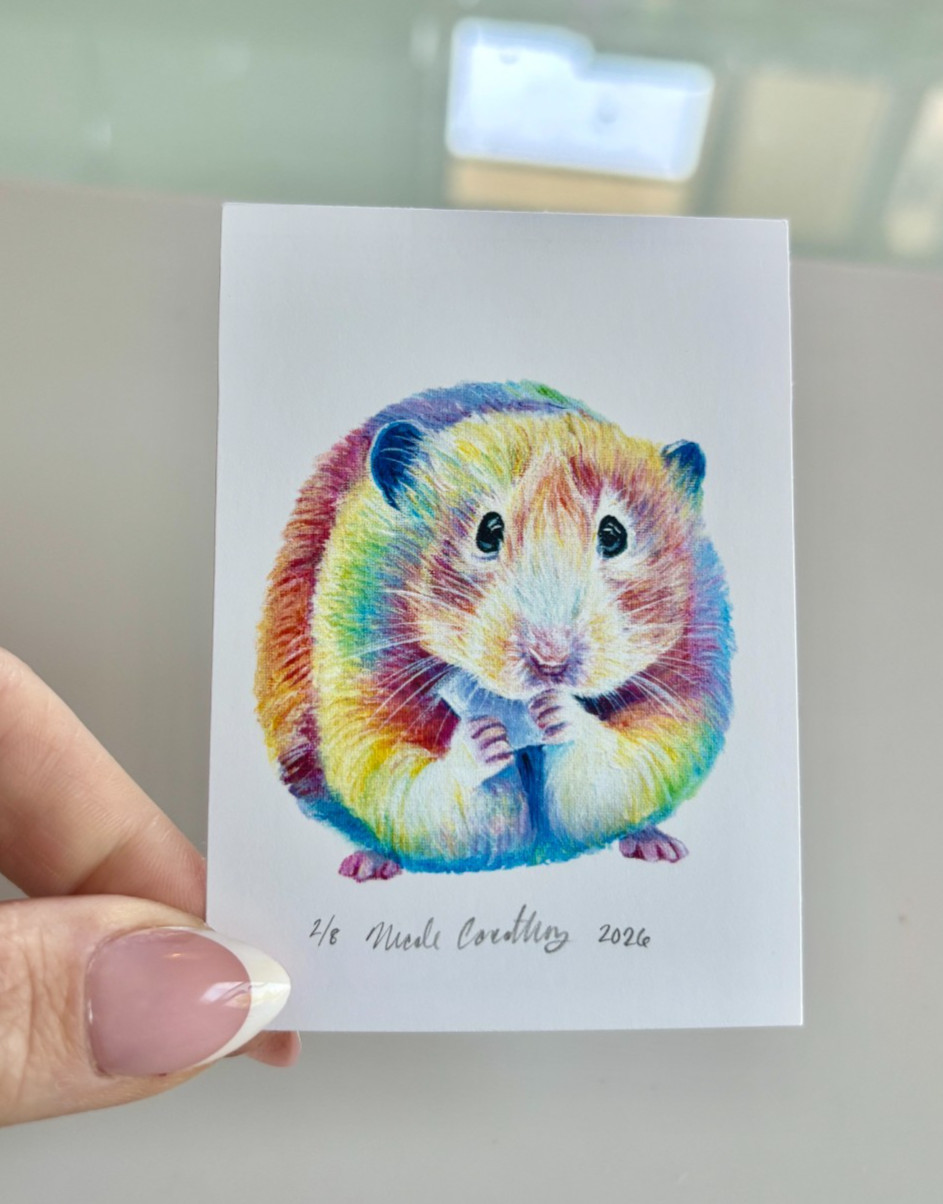 ACEO Limited Print, Hamster Art, Cute Animal Rainbow Pet, 3.5×2.5 inch Mini