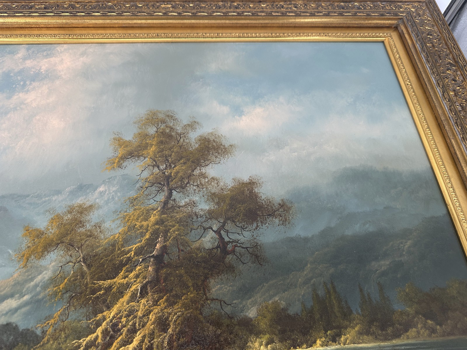 Ludwig Muninger Alpine Landscape Scene Oil Painting Framed 33″ x 41″