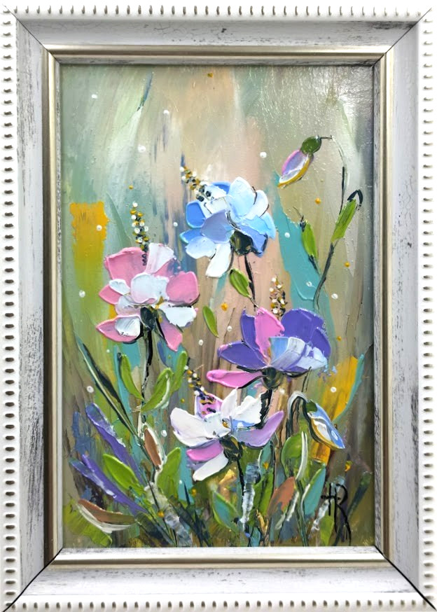 Original Oil Painting Floral Miniature Framed 4×6 in Summer Flowers Impasto Art