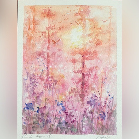 ORIGINAL Landscape Painting Sunset Tree Garden Watercolor Artwork nature EAEH