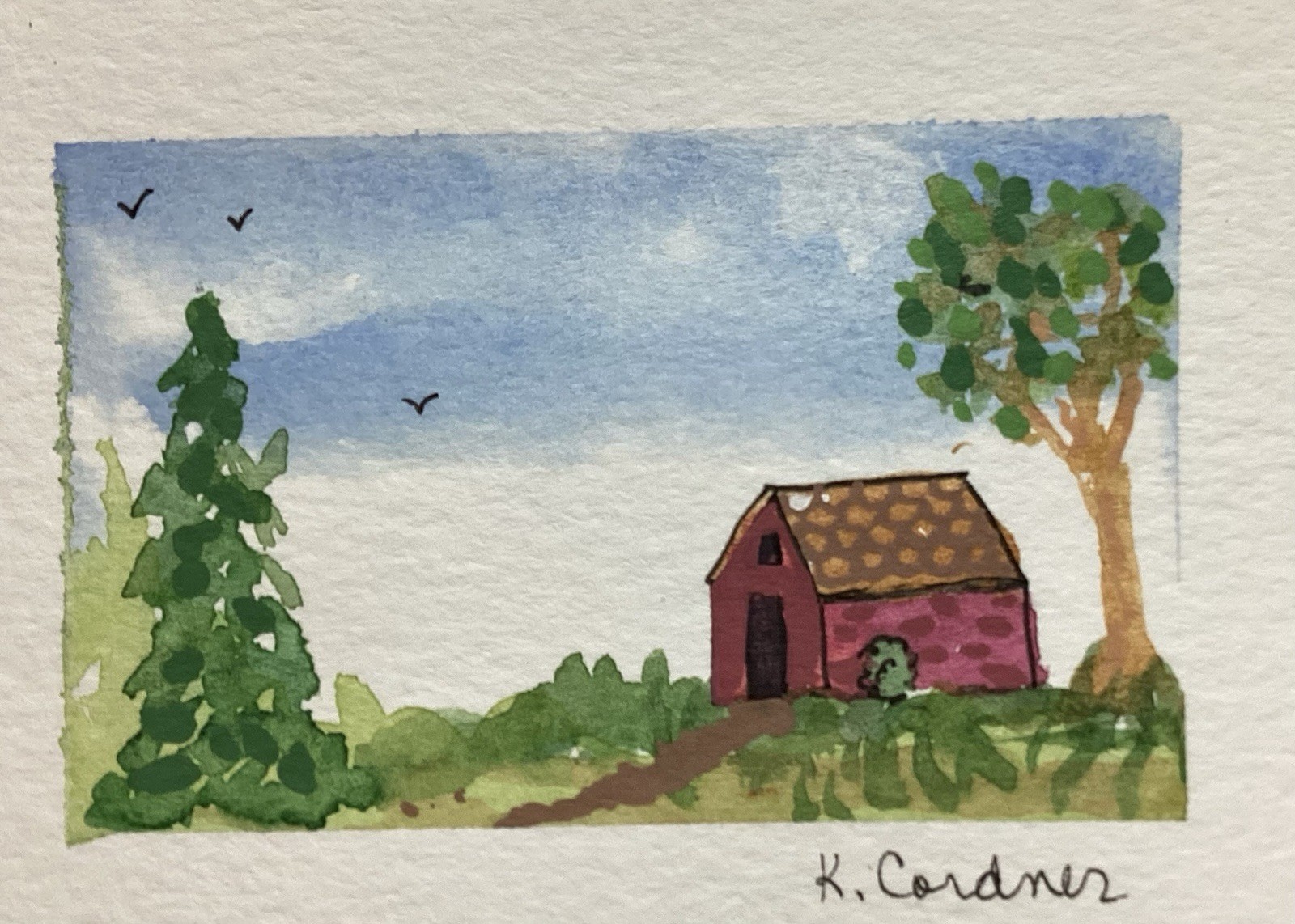 ACEO Original Painting, Red House, Landscape,nature, Kimberly Cordner