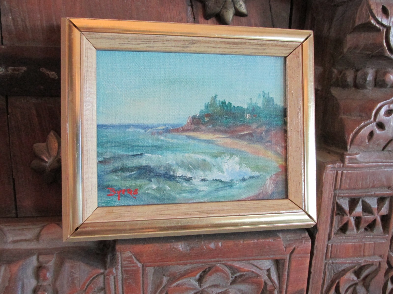 Original Painting Seascape Signed Byers Ocean Cove Waves Bluffs Sea Miniature