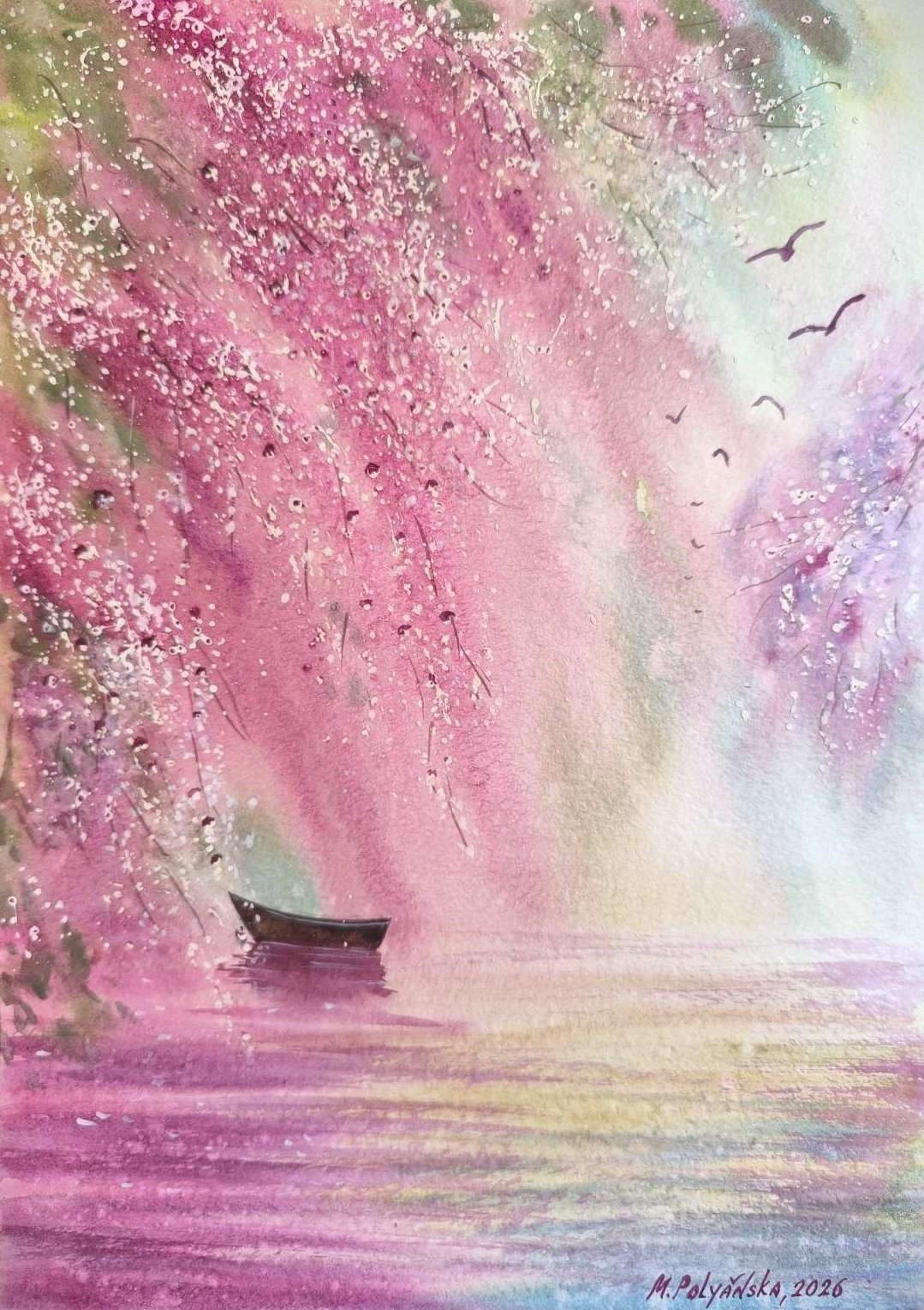 FOGGY FOREST WILDLIFE LONELY FISHERMAN BOAT Original Arts Painting Landscape A4