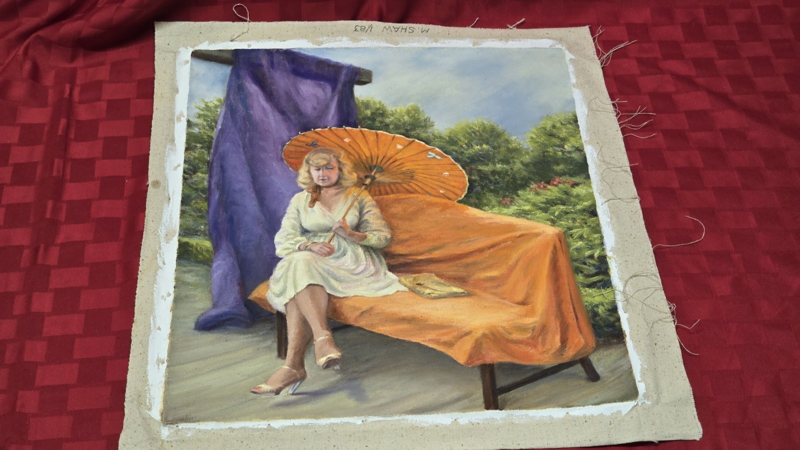 Original Oil Painting Signed M Shaw 1983 Woman w Parasol Portrait 16×20