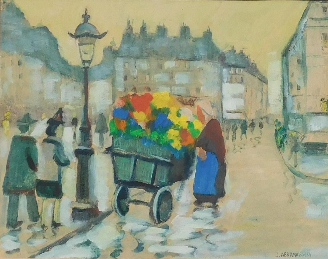 Israel Abramovsky Oil on Paper Framed- The Paris Flower Seller, Circa 1920-1930