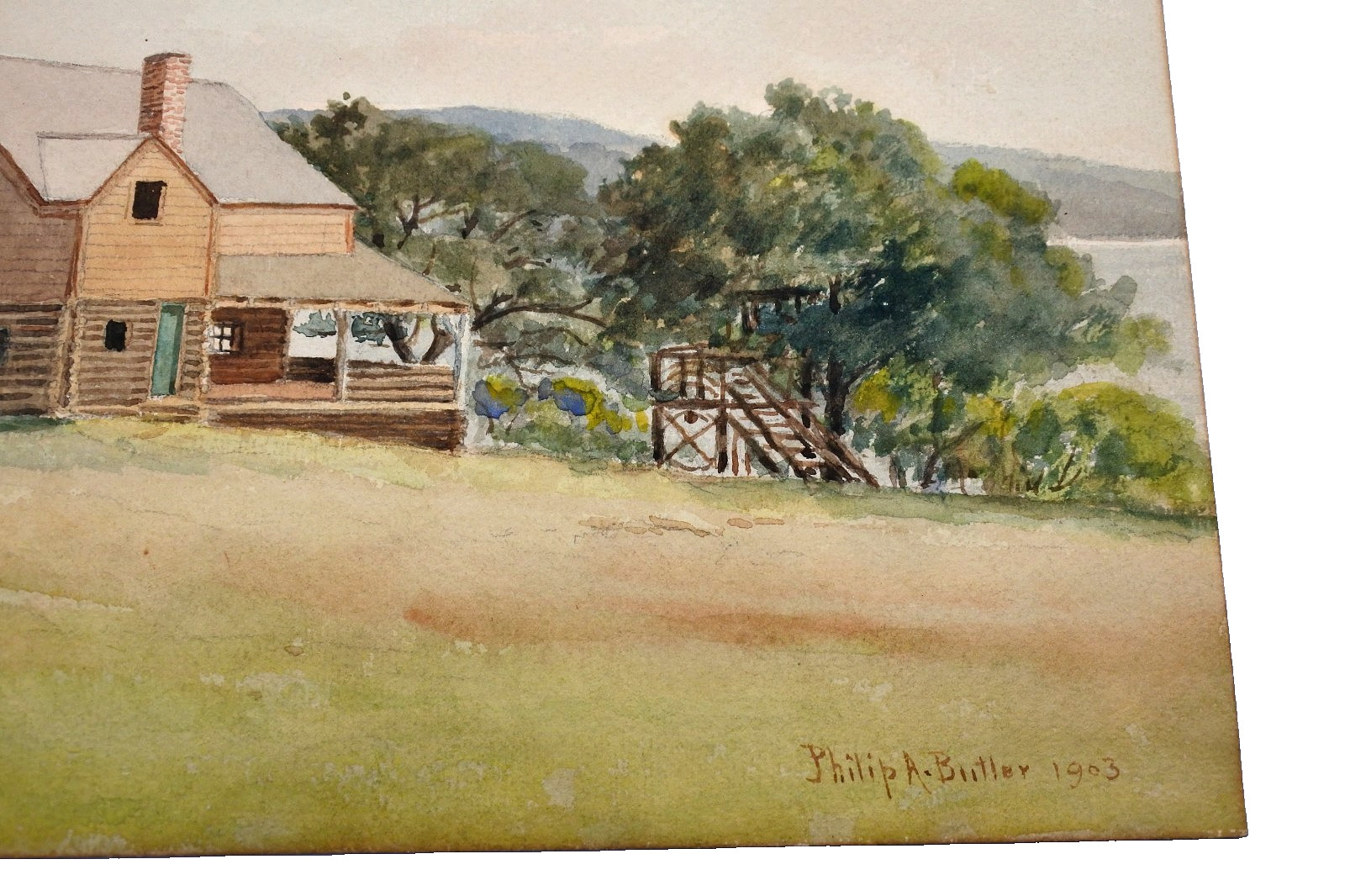 Antique 1903 Watercolor Landscape by Philip Butler American Log House by theLake