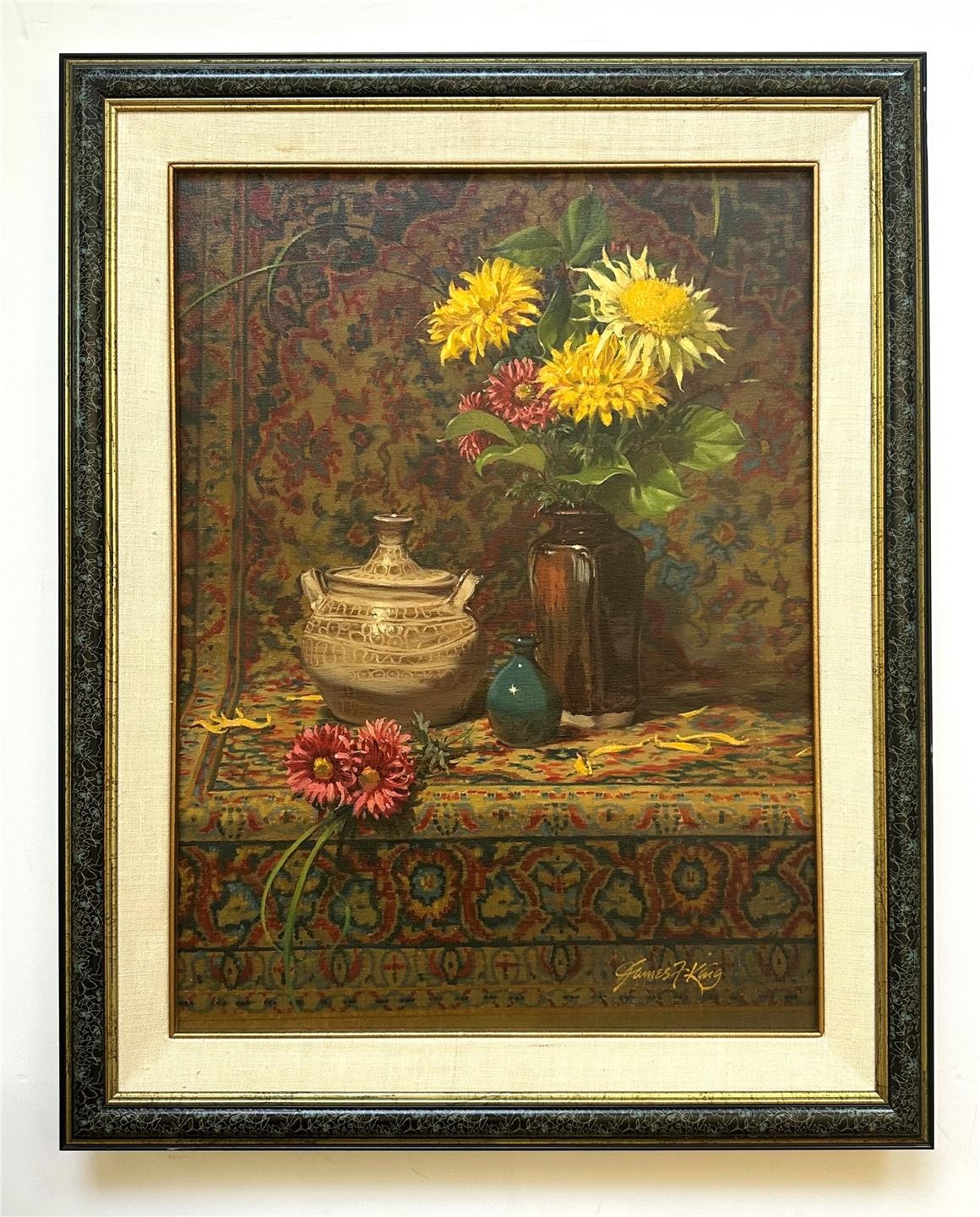 James F King -Floral Still Life w/Carpet -California/Oregon Contemporary Realist