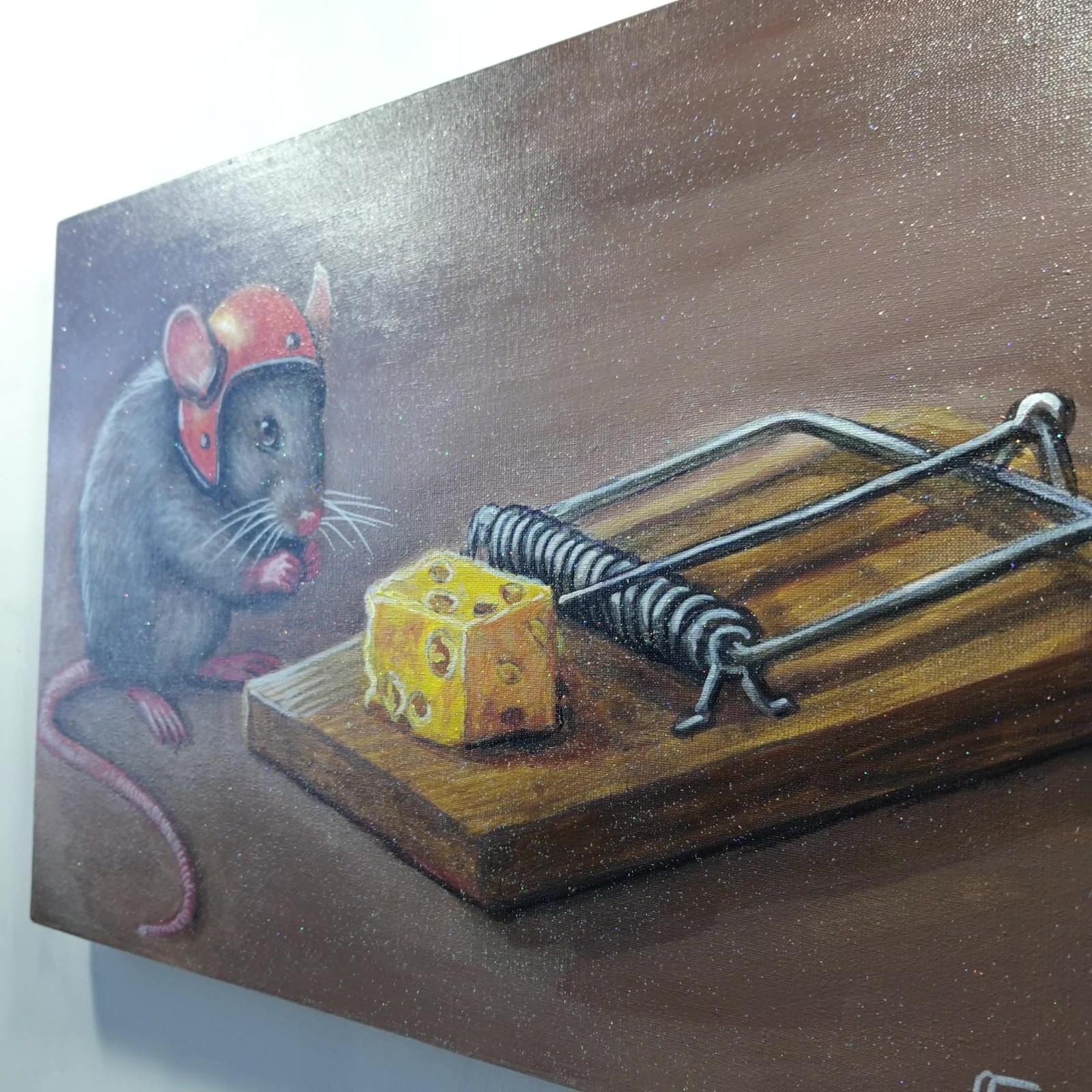 Brave Little Mouse and the Cheese Trap Funny Animal Painting Ukraine Artist