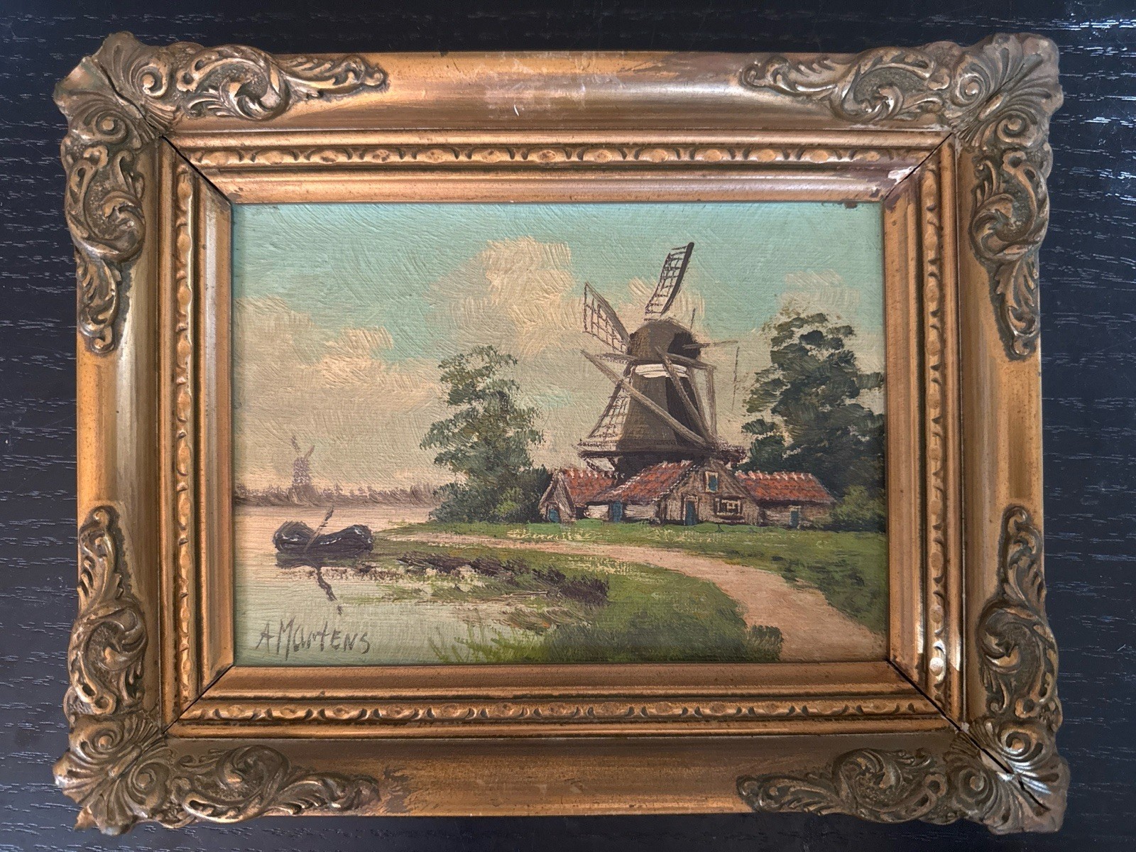 Antique European Oil Painting Windmill Landscape Signed Ornate Gold Frame c.1900