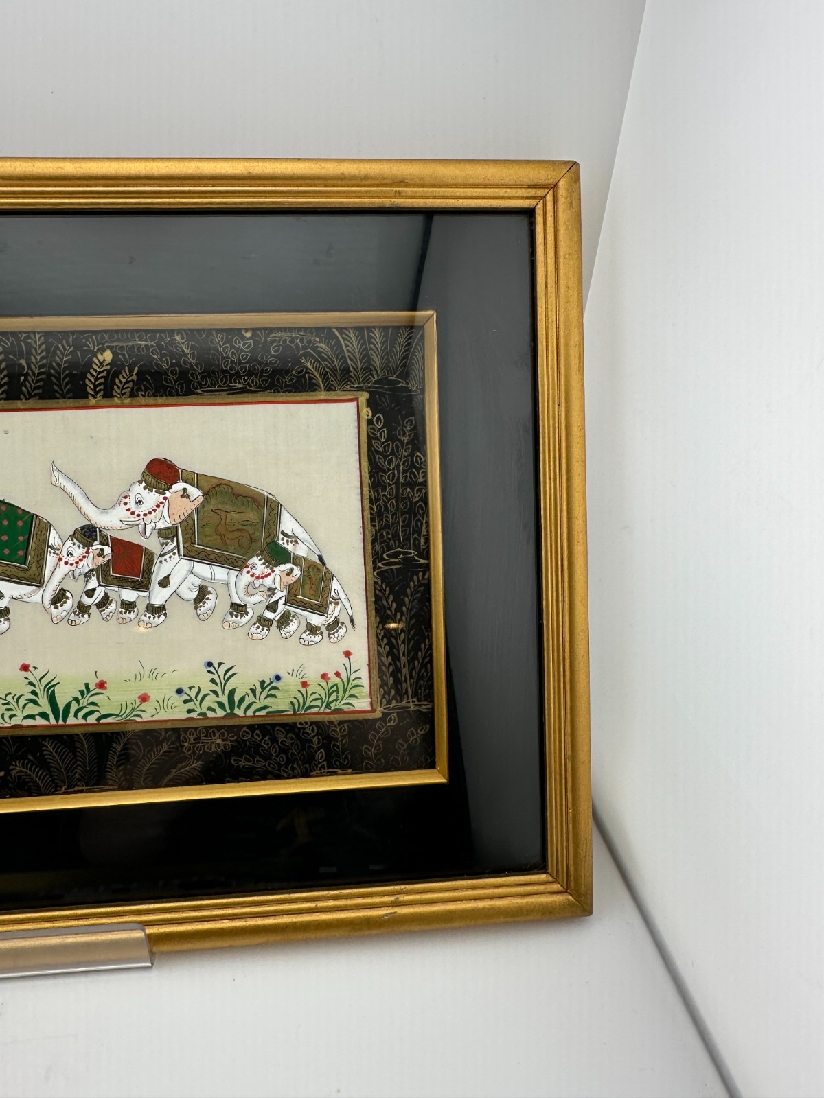 Framed Indian Miniature Elephant Procession Painting Silk Art Gold Frame 17 In