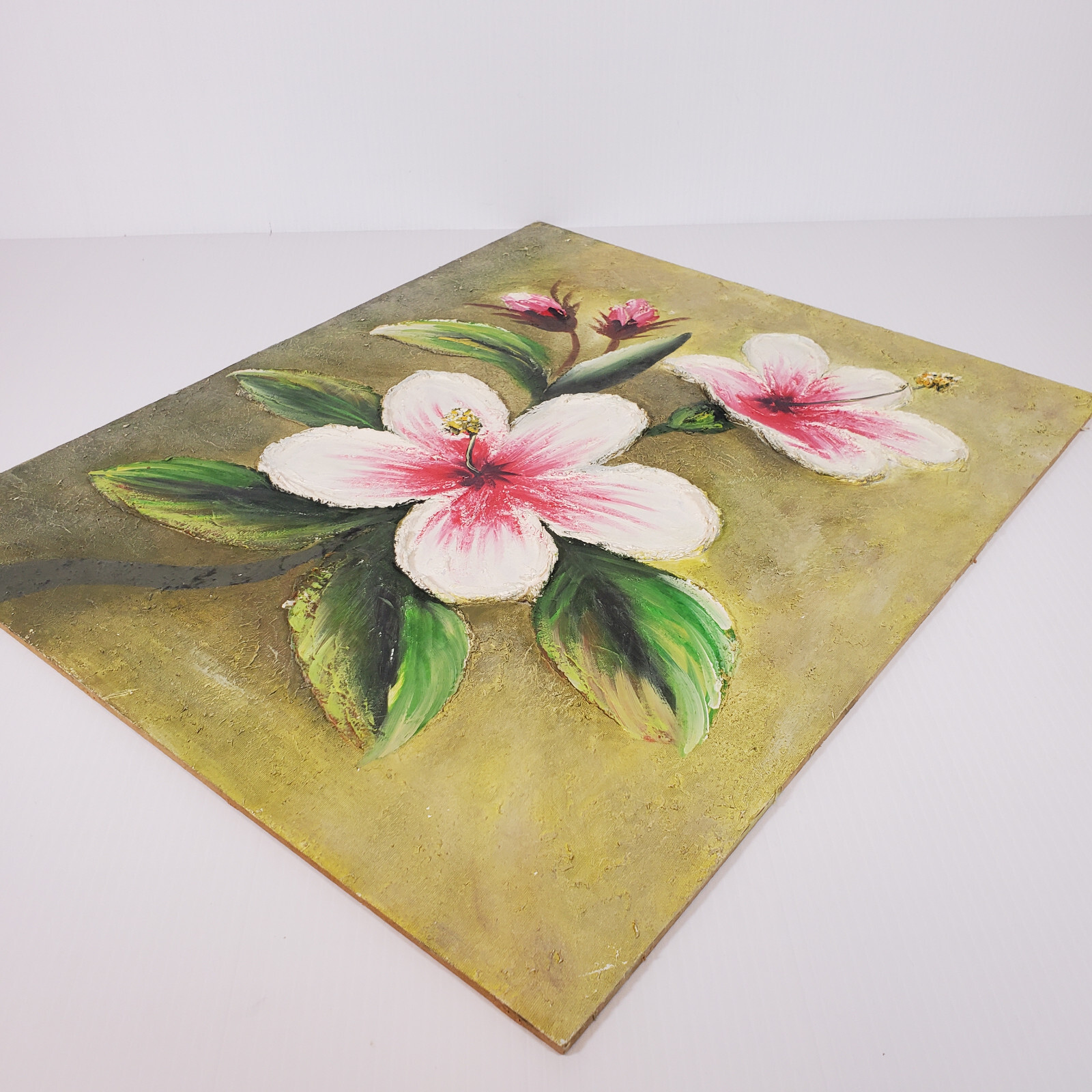 Tropical Flower Thick Spatula Impasto 24×20 Vtg Canvas Painting Masonite Board
