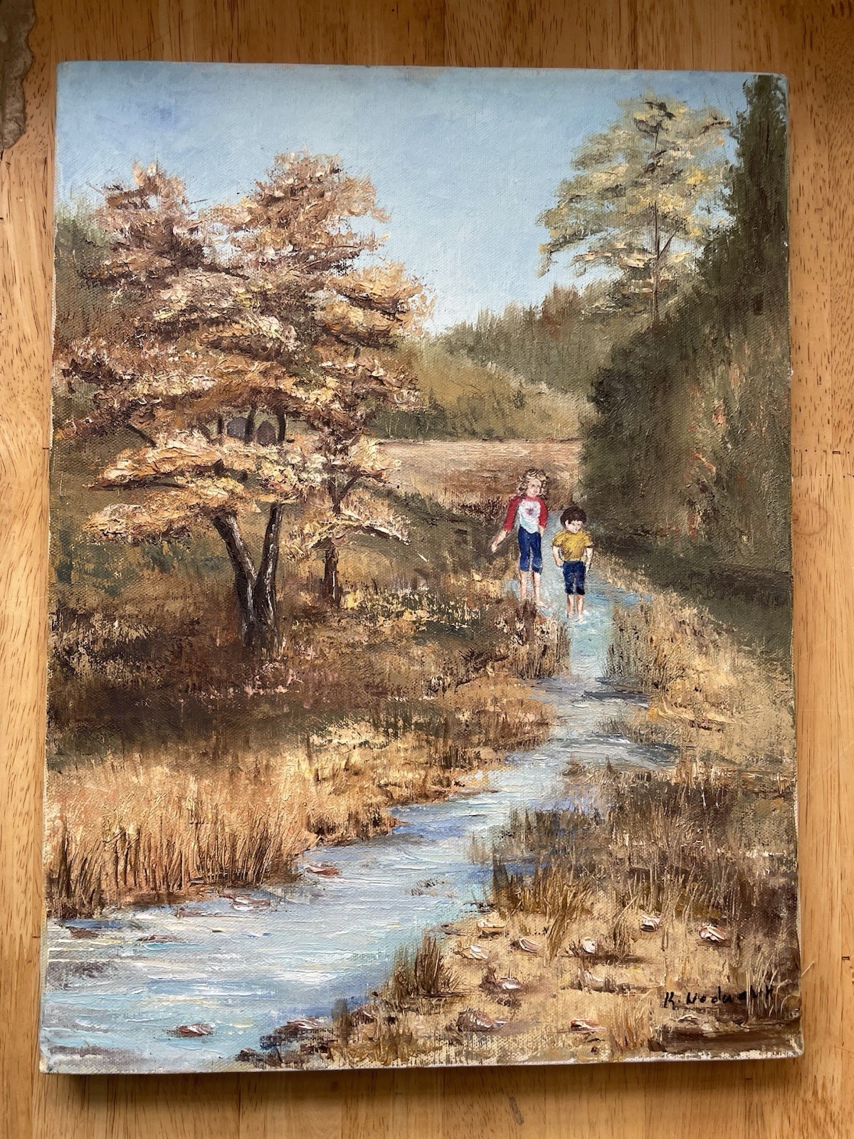 Original Oil Or Acrylic Painting of Young Boy and Girl In Woods, nature, outdoor