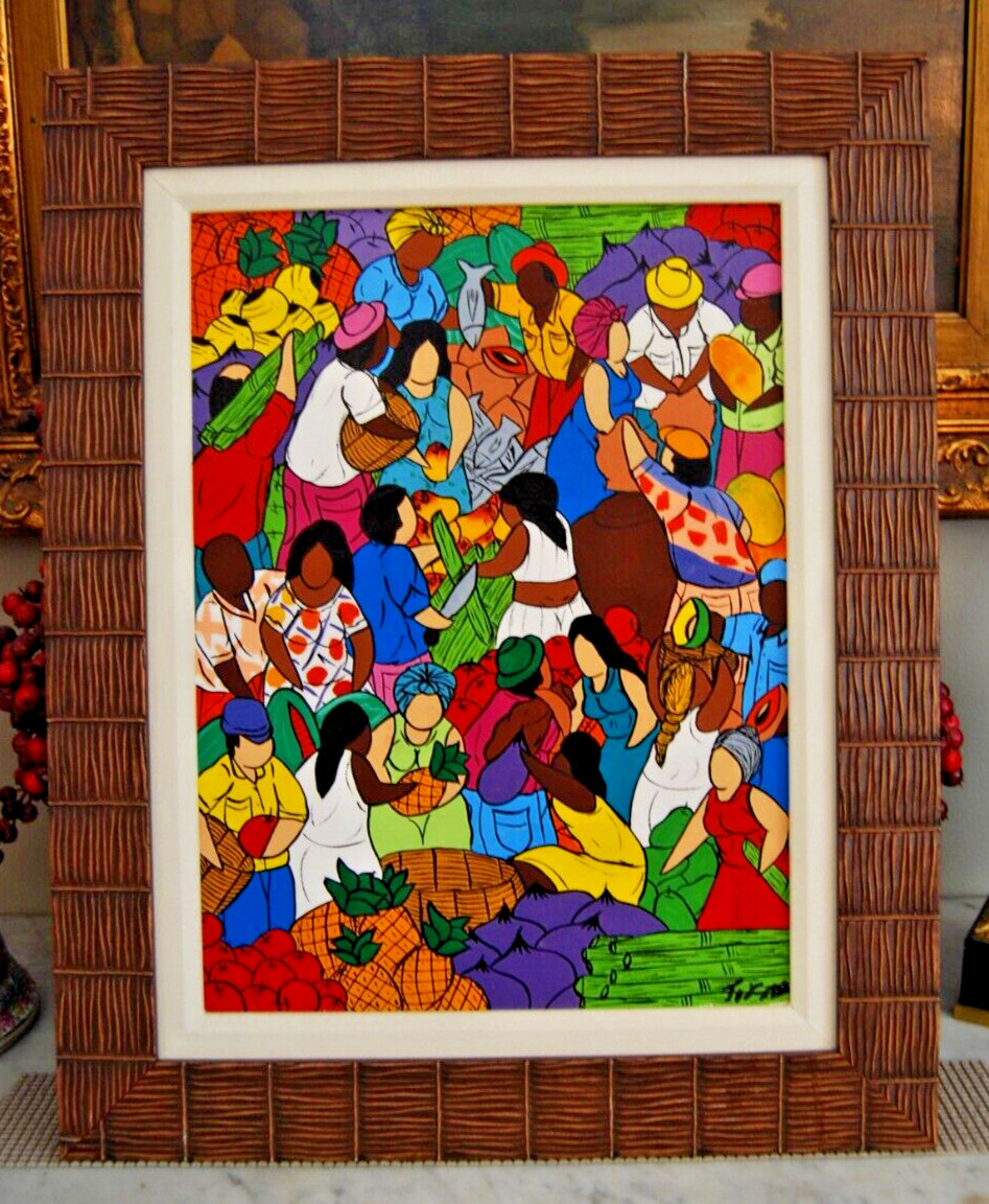 CUBAN ART FRAMED OIL ON CANVAS CUBAN HATIAN STYLE MARKET SCENE #3 ARTIST: FROOY
