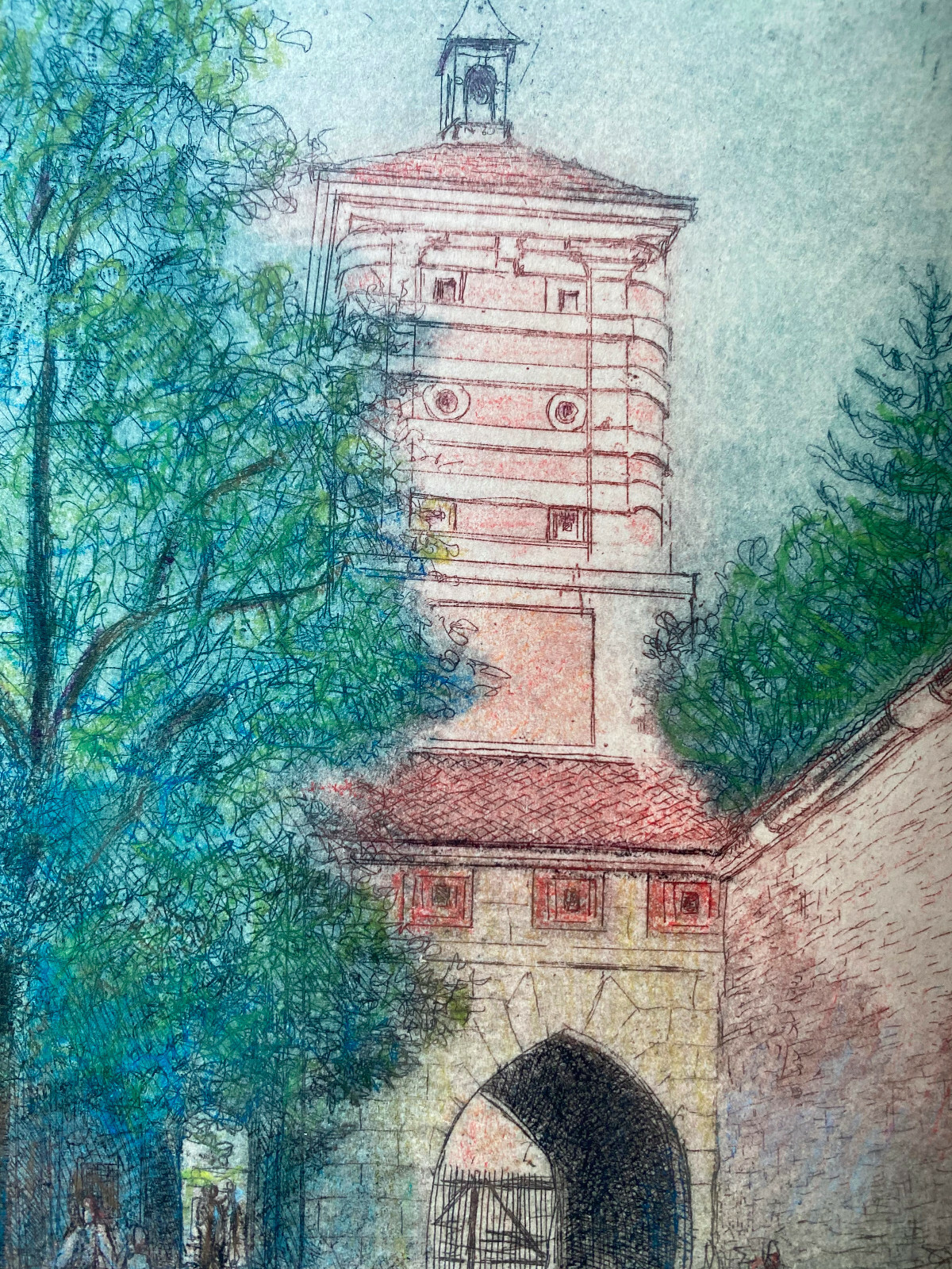 Colored Etching at the Red Gate Augsburg Old Town Signed Dated Rare