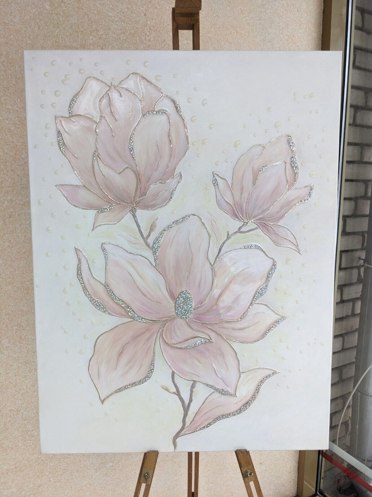 Large 3D texture magnolia painting, Pink floral wall art, Rhinestone Resin Art