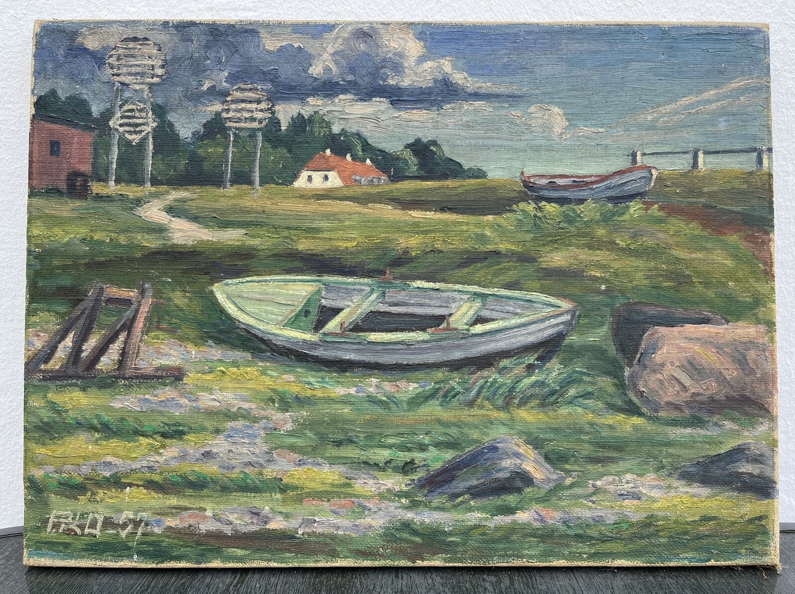 Impressionist Danish Coastal Landscape Boats At Shore Fishing Village Summer Day