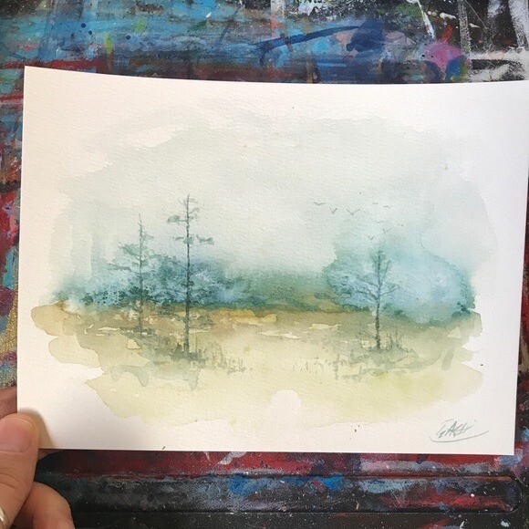 Landscape Original Painting Watercolor Art NEW Birds spring morning Artettina US