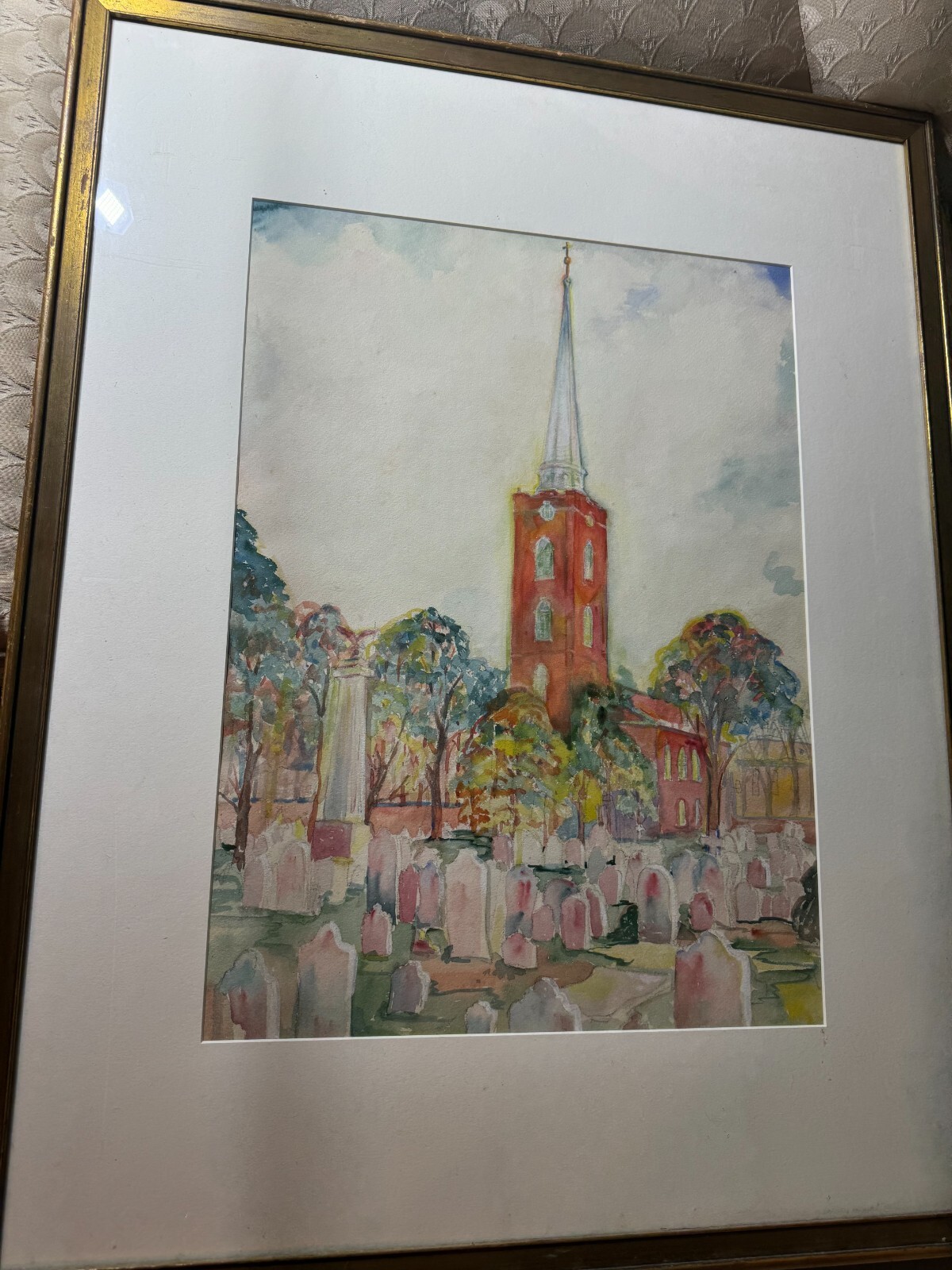 Large Vintage «Church Exterior And Cemetery Scene» Watercolor Painting – Framed