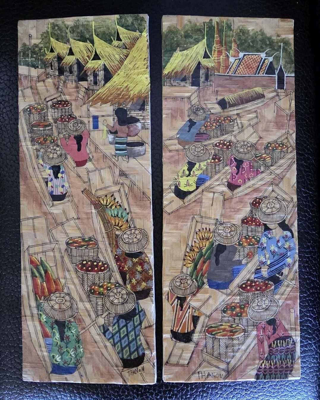 Thai Floating Market Aet on Board 2 Panels Signed Thanom