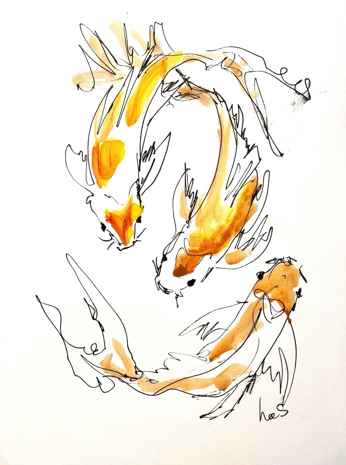 Original Abstract 9×12 3 Koi Paper Ink Handmade Signed Fine Wall Art Decor 22