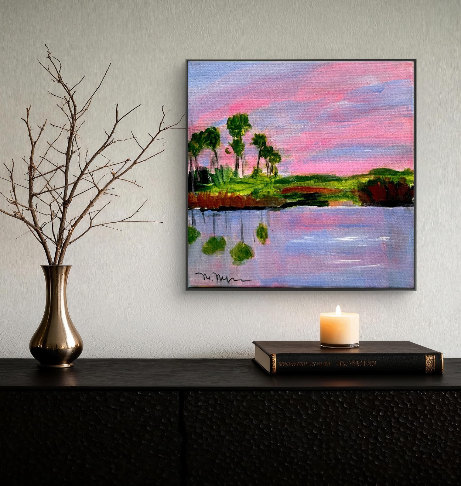 Mary Myers Original Abstract Expressionism 10×10 Pink Sunset Palms Reflection