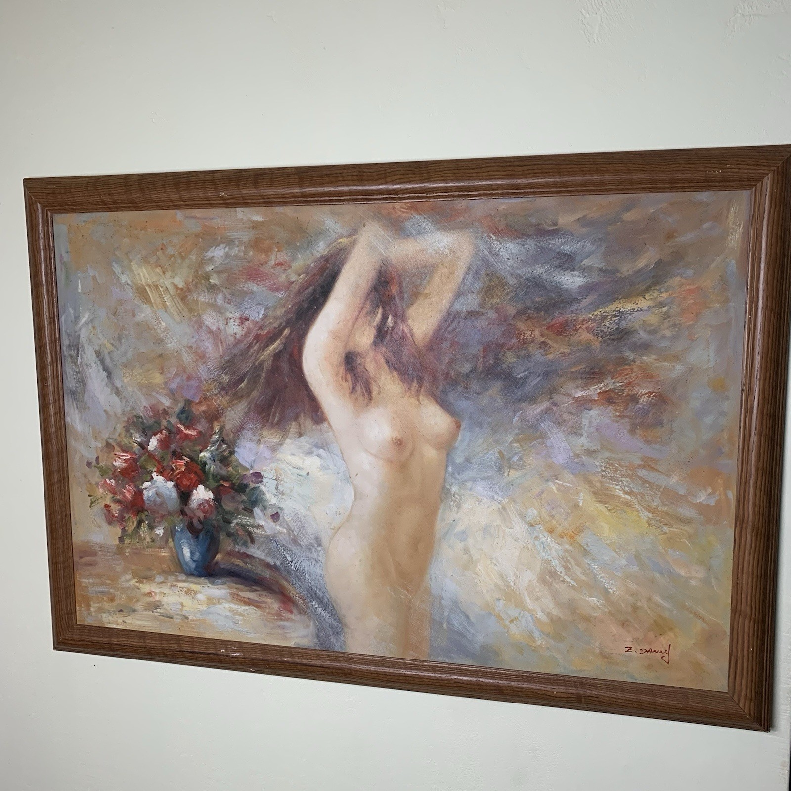 Naked Nude Lady Woman With Flowers Oil Painting Framed (23″x35″) Signed B. Danny