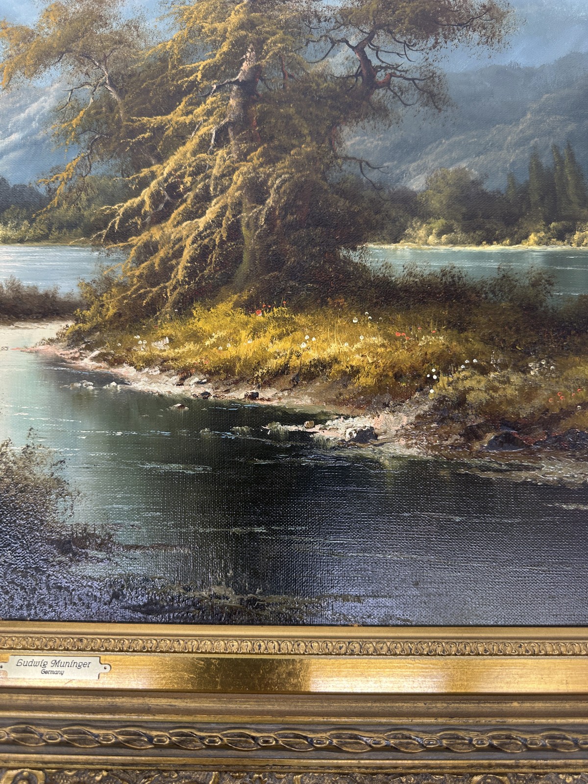 Ludwig Muninger Alpine Landscape Scene Oil Painting Framed 33″ x 41″