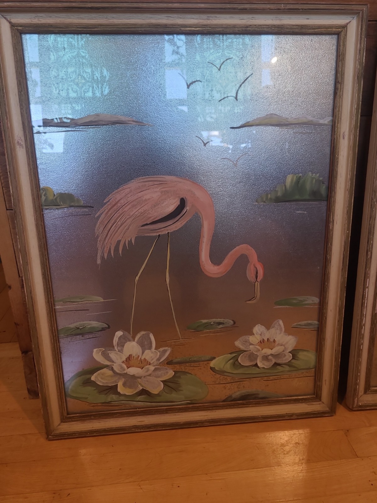Vintage 1950s MCM Pair Flamingos Paintings On Silver Original 18×24 Frames