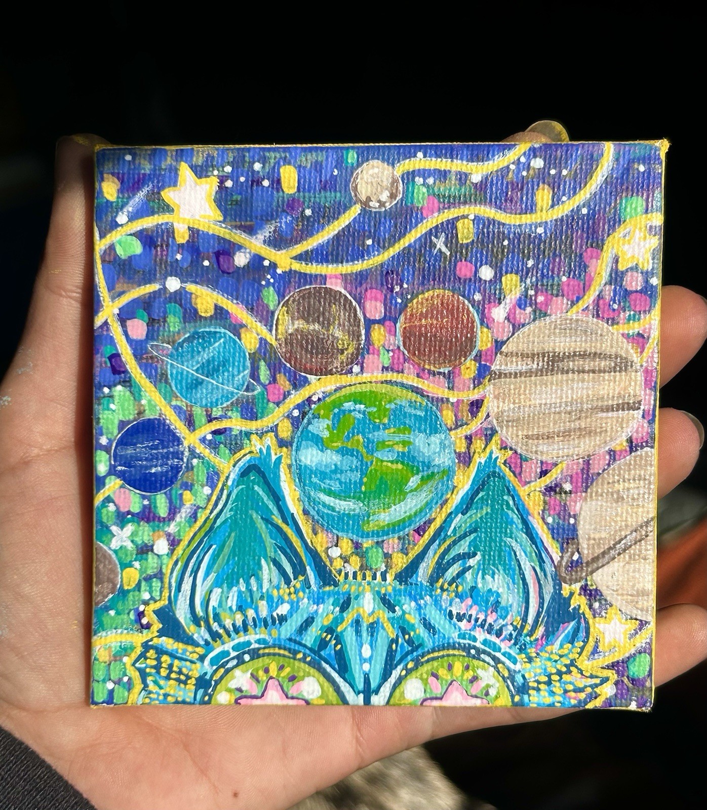4×4” Hand-painted Space Planet Kitty Cat Acrylic art, Canvas Original Decor