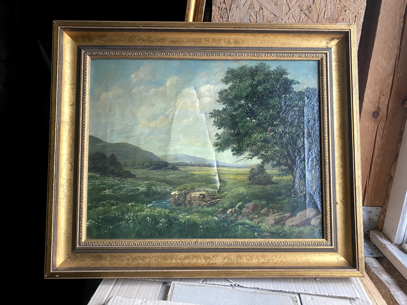 Oil Painting Landscape Mountains Lake Shore For Restoration Around 1900 Spring