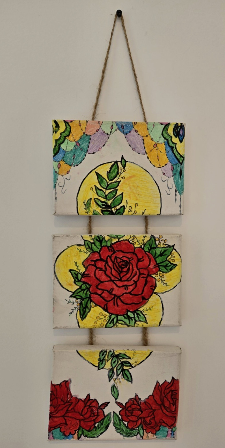 Wall Art; 3 Panel Floral/Rose Sparkly Painting;Pictures w/Rope Hanger;17″H x 7″L