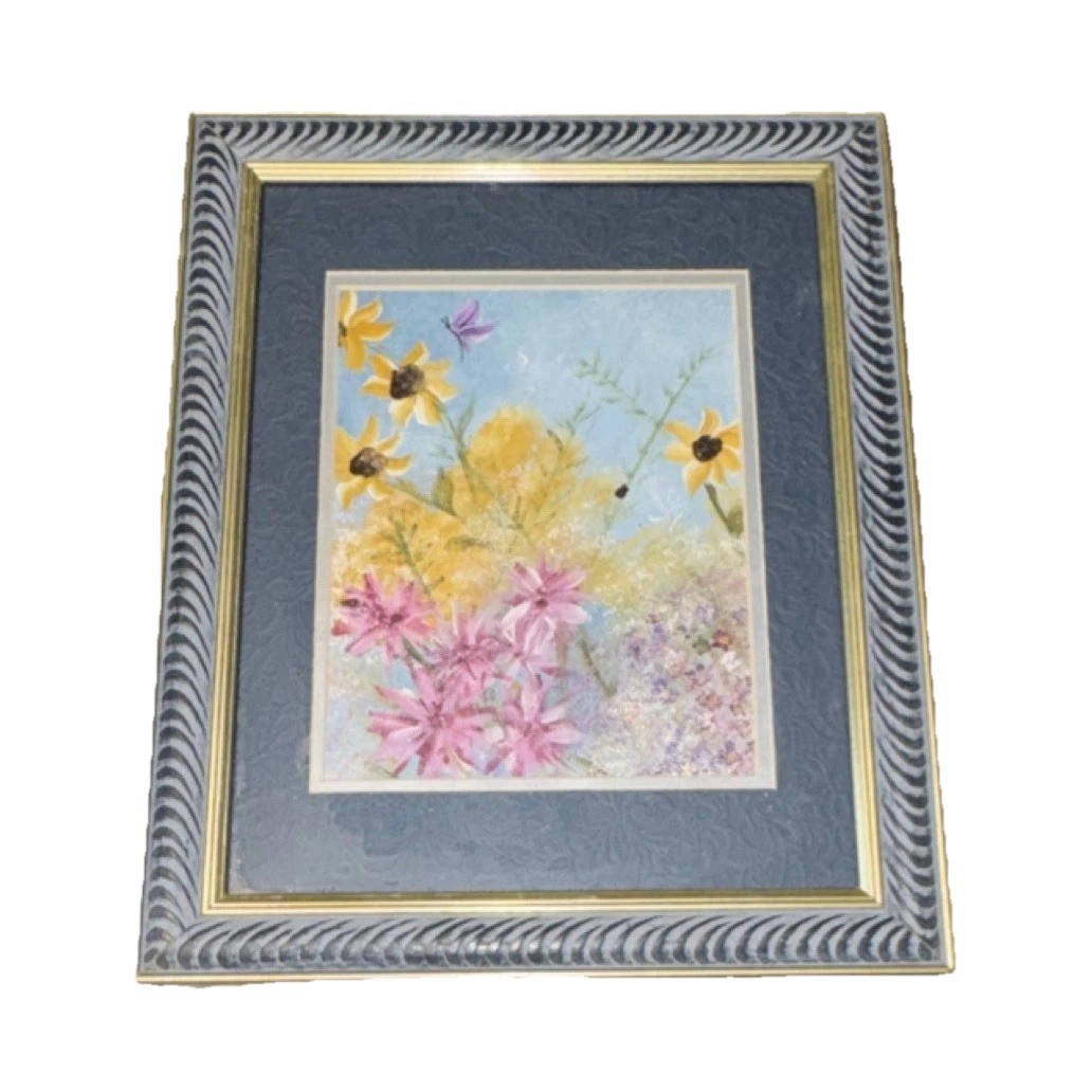Framed Original Water Color Floral Painting With Butterflies 13 in by 15 in