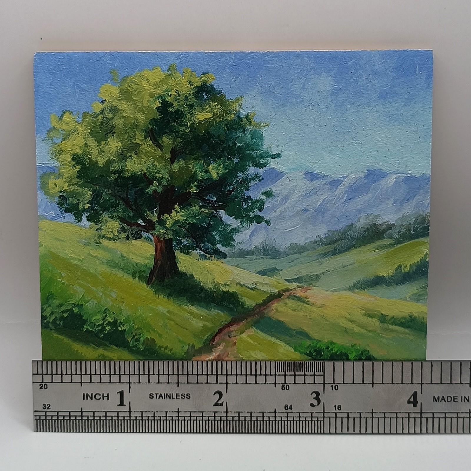 Original Country Landscape Painting Small Framed Oak Tree Mountain Road Artwork