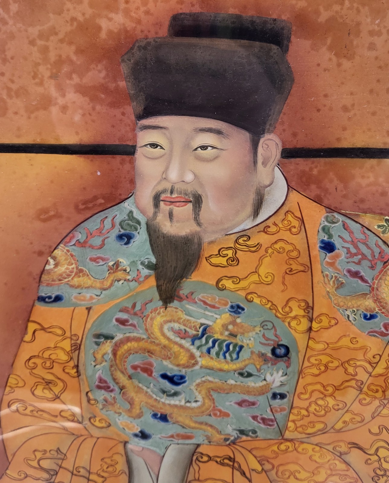 LARGE Antique CHINESE Asian Framed REVERSE PAINTING on GLASS – Emperor Hongxi