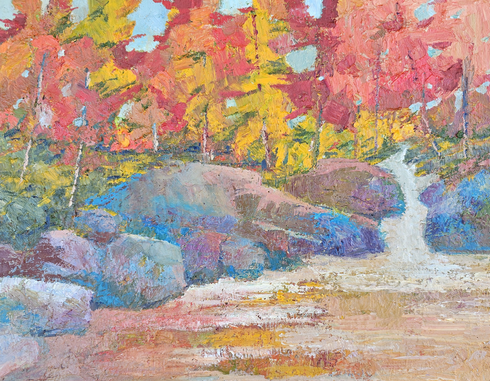 Orig Oil Painting October Colors Padmaja Madhu Waterfall Stream Fall Autumn Tree