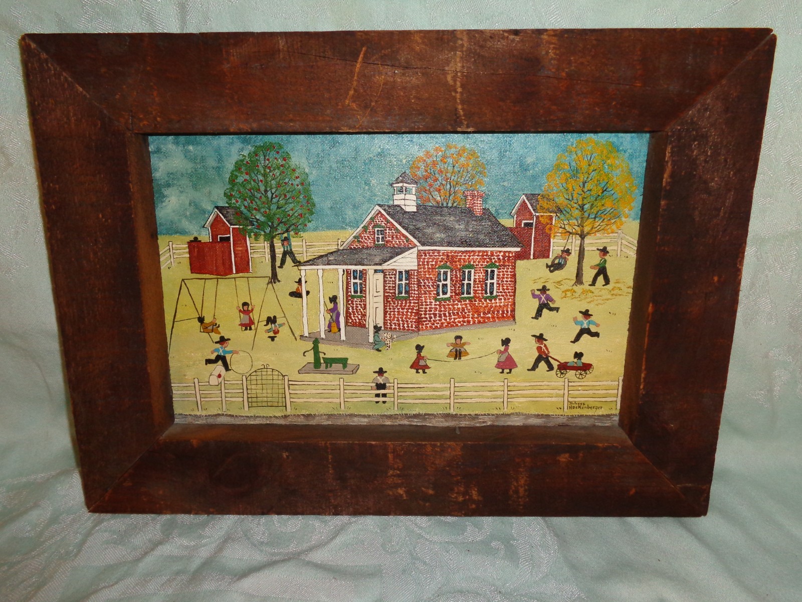 Dolores Hackenberger Oil on Board Amish One Room School House, Signed