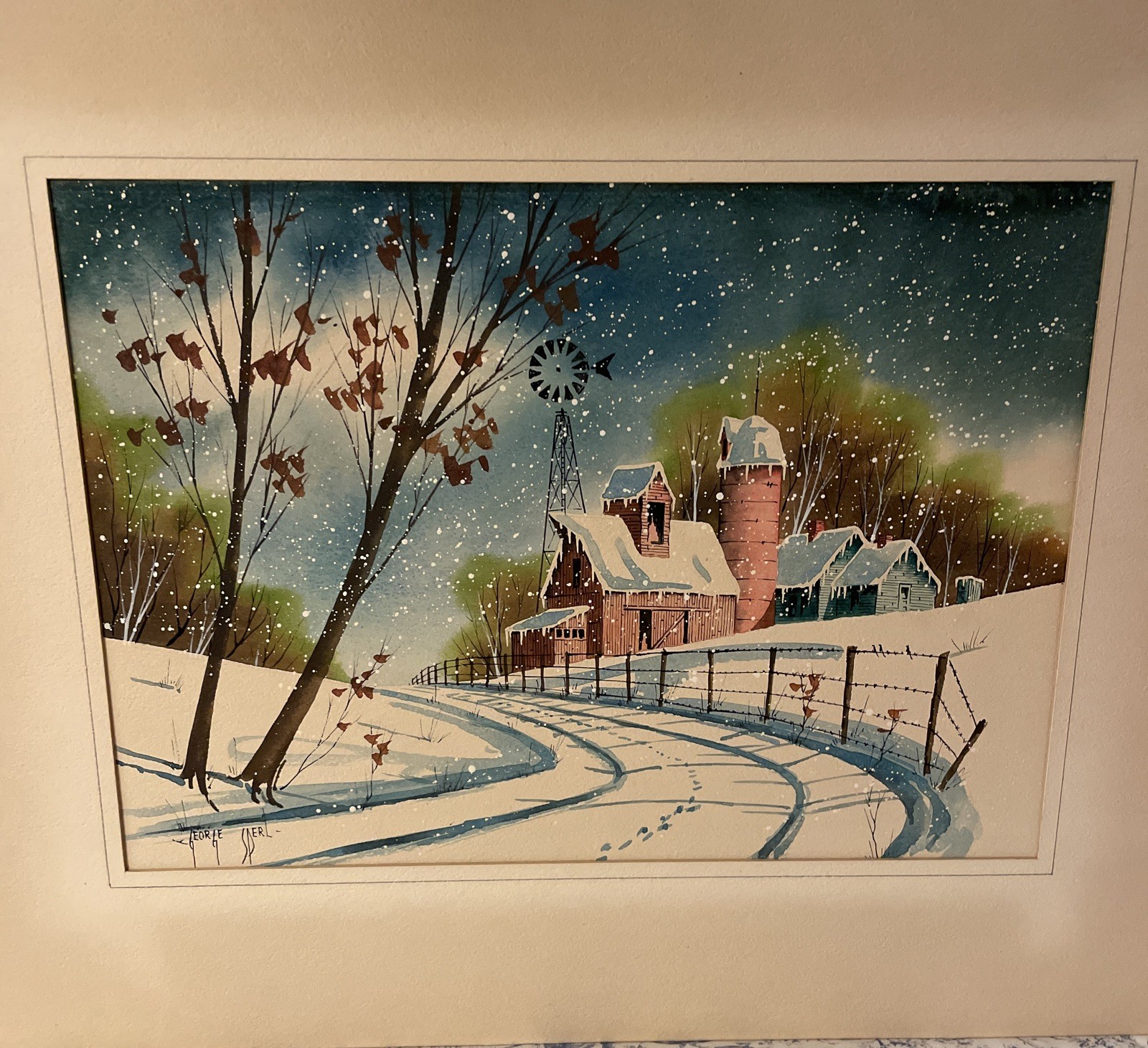 Vintage GEORGE SPERL ORIGINAL WATERCOLOR WINDMILL WINTER FARM SCENE LANDSCAPE